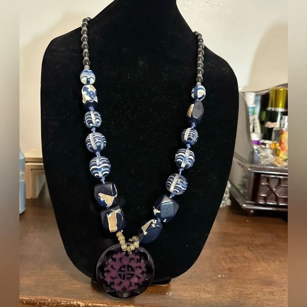 Chico's "Simone" Long Pendant Necklace Blue Brown Beadwork Purple Medallion 36"